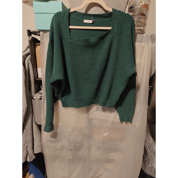 Lush Emerald Green Square Neck Dolman Sleeve Oversized Cropped Sweater Size L - Picture 2 of 7